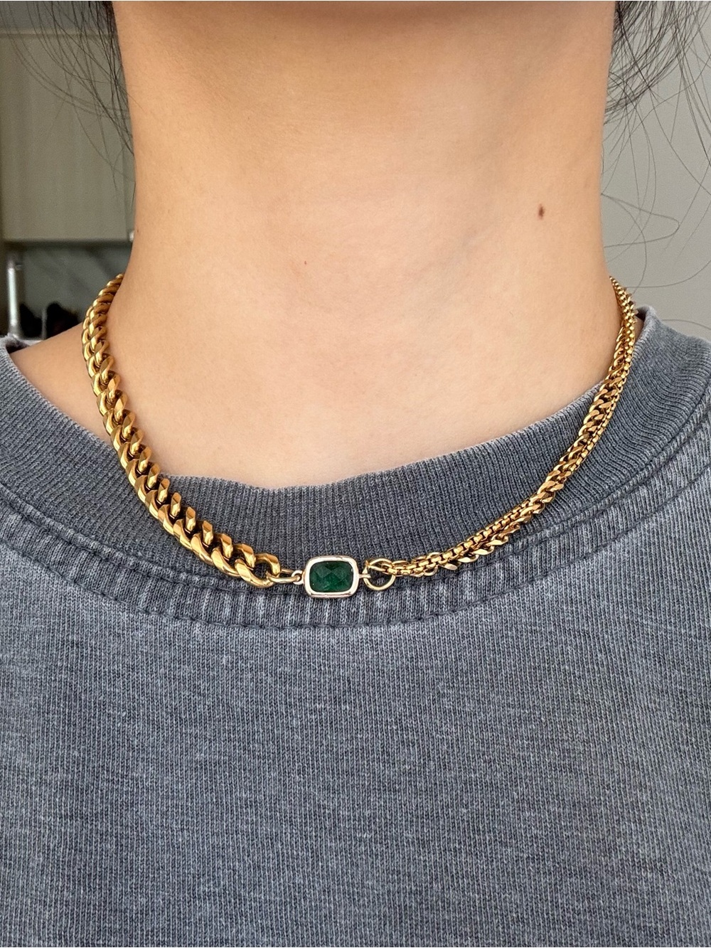 M jeweler gold chain necklace with green stone pendant